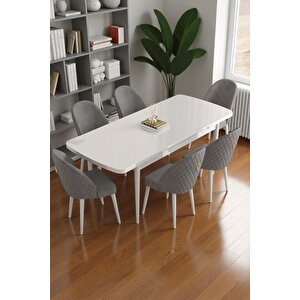 Mura Beyaz 80x132 Açılabilir Mdf Masa Yemek Odası Takımı, Mutfak Takımı 6 Adet Sandalye Gri