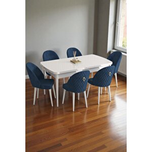 Mura Beyaz 80x132 Açılabilir Mdf Masa Yemek Odası Takımı, Mutfak Takımı 6 Adet Sandalye Lacivert