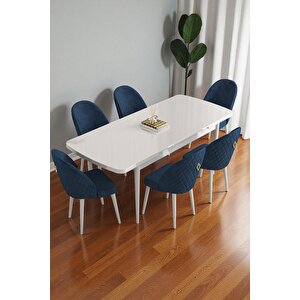 Mura Beyaz 80x132 Açılabilir Mdf Masa Yemek Odası Takımı, Mutfak Takımı 6 Adet Sandalye Lacivert
