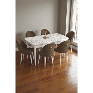 Mura Beyaz Mermer 80x132 Açılabilir Mdf Masa Yemek Odası Takımı, Mutfak Takımı 6 Adet Sandalye Kahverengi