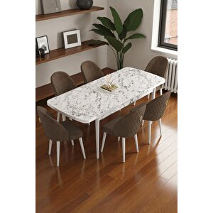 Mura Beyaz Mermer 80x132 Açılabilir Mdf Masa Yemek Odası Takımı, Mutfak Takımı 6 Adet Sandalye Kahverengi