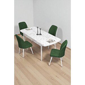 Bara Beyaz Mermer 80x132 Açılabilir Sunta Masa Yemek Odası Takımı, Mutfak Takımı 4 Adet Sandalye Yeşil