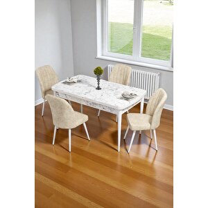 Bara Beyaz Mermer 80x132 Açılabilir Sunta Masa Yemek Odası Takımı, Mutfak Takımı 4 Adet Sandalye Krem