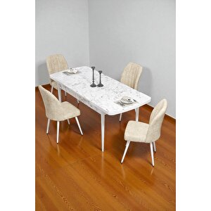Bara Beyaz Mermer 80x132 Açılabilir Sunta Masa Yemek Odası Takımı, Mutfak Takımı 4 Adet Sandalye Krem