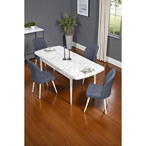 Bara Beyaz Mermer 80x132 Açılabilir Sunta Masa Yemek Odası Takımı, Mutfak Takımı 4 Adet Sandalye Antrasit