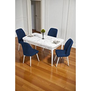 Bara Beyaz Mermer 80x132 Açılabilir Sunta Masa Yemek Odası Takımı, Mutfak Takımı 4 Adet Sandalye Lacivert