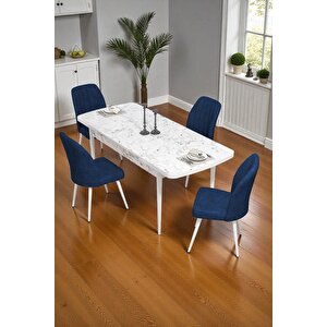 Bara Beyaz Mermer 80x132 Açılabilir Sunta Masa Yemek Odası Takımı, Mutfak Takımı 4 Adet Sandalye Lacivert
