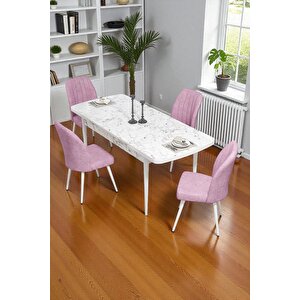 Bara Beyaz Mermer 80x132 Açılabilir Sunta Masa Yemek Odası Takımı, Mutfak Takımı 4 Adet Sandalye Pembe