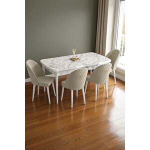 Mura Beyaz Mermer 80x132 Açılabilir Mdf Masa Yemek Odası Takımı, Mutfak Takımı 4 Adet Sandalye Krem