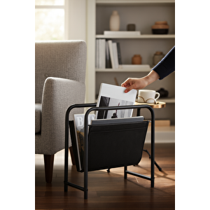 Alpa Kahverengi Deri Kumaşlı Dergilik, Kitaplık, Metal Çerçeveli Modern Gazetelik, Organizer Siyah