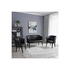 Papatya Deri Berjer Takımı | 2 Tekli + 1 İkili Koltuk | Balkon Ofis Kafe İçin | Demonte Ayaklı Si̇yah