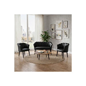 Papatya Deri Berjer Takımı | 2 Tekli + 1 İkili Koltuk | Balkon Ofis Kafe İçin | Demonte Ayaklı Si̇yah