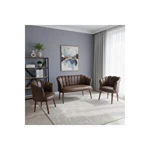 Papatya Deri Berjer Takımı | 2 Tekli + 1 İkili Koltuk Balkon Ofis Kafe İçin Demonte Ayaklı Aci Kahve