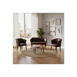 Papatya Deri Berjer Takımı | 2 Tekli + 1 İkili Koltuk Balkon Ofis Kafe İçin Demonte Ayaklı Aci Kahve