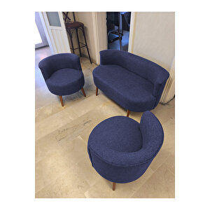 Sydney Çay Seti Koltuk Takımı– Keten Kumaş 2+1+1 | Ceviz Ayak | Modern Salon & Ofis Takımı | Laci̇vert