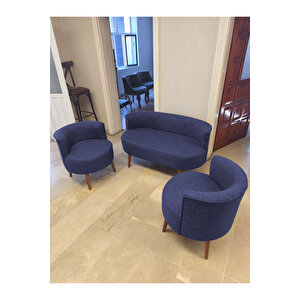 Sydney Çay Seti Koltuk Takımı– Keten Kumaş 2+1+1 | Ceviz Ayak | Modern Salon & Ofis Takımı | Laci̇vert