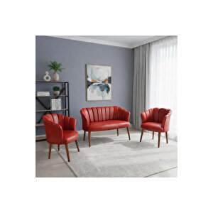 Papatya Deri Berjer Takımı | 2 Tekli + 1 İkili Koltuk | Balkon Ofis Kafe İçin Demonte Ayaklı Kirmizi