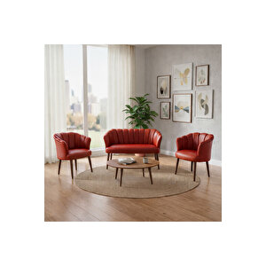 Papatya Deri Berjer Takımı | 2 Tekli + 1 İkili Koltuk | Balkon Ofis Kafe İçin Demonte Ayaklı Kirmizi