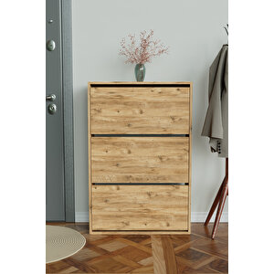 3 Bölmeli Liovian Düşer Kapak Ayakkabılık Ahşap