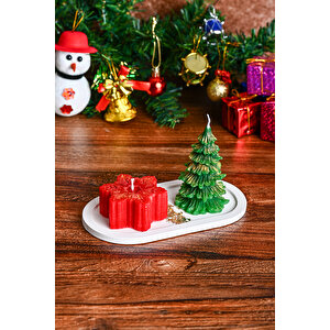 Dekoratif 2'li Çam Ağacı-yıldız Mum Seti Beton Kaideli Yılbaşı Noel Yeni Yıl Temalı Mum Seti