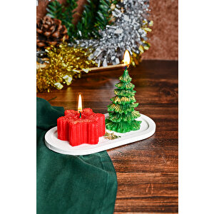 Dekoratif 2'li Çam Ağacı-yıldız Mum Seti Beton Kaideli Yılbaşı Noel Yeni Yıl Temalı Mum Seti