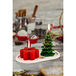 Dekoratif 2'li Çam Ağacı-yıldız Mum Seti Beton Kaideli Yılbaşı Noel Yeni Yıl Temalı Mum Seti