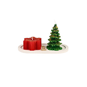 Muyika Dekoratif 2'li Çam Ağacı-yıldız Mum Seti Beton Kaideli Yılbaşı Noel Yeni Yıl Temalı Mum Seti