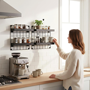 2'li 33x33 Dekoratif Hasır Tel Duvar Paneli 4 Raflı Siyah