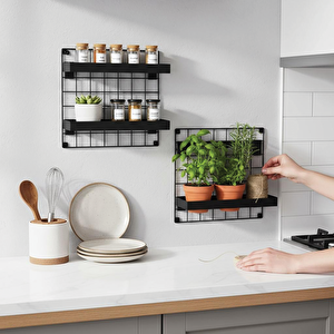 2'li 33x33 Dekoratif Hasır Tel Duvar Paneli 4 Raflı Siyah