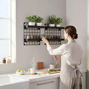 2'li 33x33 Dekoratif Hasır Tel Duvar Paneli 4 Raflı Siyah