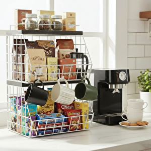 2 Raflı Ahşap Mermer Raflı Meyve Sepeti - Duvara Monte Edilebilir Ve Tezgah Üstünde Kullanılabilir, Beyaz, 31x23 Cm