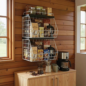 2 Raflı Ahşap Mermer Raflı Meyve Sepeti - Duvara Monte Edilebilir Ve Tezgah Üstünde Kullanılabilir, Beyaz, 31x23 Cm