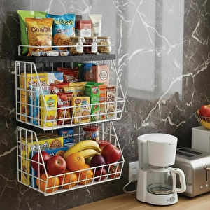 2 Raflı Ahşap Mermer Raflı Meyve Sepeti - Duvara Monte Edilebilir Ve Tezgah Üstünde Kullanılabilir, Beyaz, 31x23 Cm