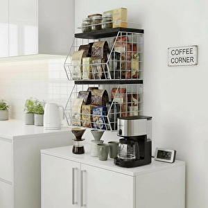 2 Raflı Ahşap Mermer Raflı Meyve Sepeti - Duvara Monte Edilebilir Ve Tezgah Üstünde Kullanılabilir, Beyaz, 31x23 Cm