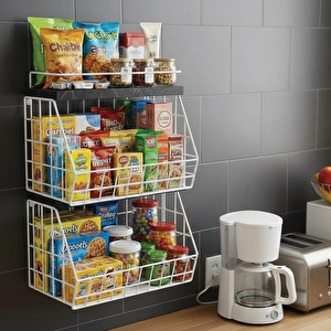 2 Raflı Ahşap Mermer Raflı Meyve Sepeti - Duvara Monte Edilebilir Ve Tezgah Üstünde Kullanılabilir, Beyaz, 31x23 Cm