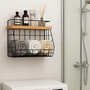 Ahşap Bambu Raflı Banyo Organizeri - Duvara Monte Edilebilir Ve Tezgah Üstünde Kullanılabilir, Siyah, 31x23 Cm