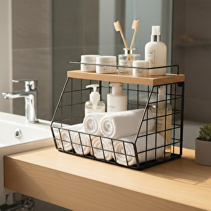 Ahşap Bambu Raflı Banyo Organizeri - Duvara Monte Edilebilir Ve Tezgah Üstünde Kullanılabilir, Siyah, 31x23 Cm