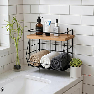 Ahşap Bambu Raflı Banyo Organizeri - Duvara Monte Edilebilir Ve Tezgah Üstünde Kullanılabilir, Siyah, 31x23 Cm