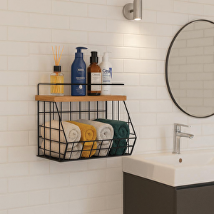 Ahşap Bambu Raflı Banyo Organizeri - Duvara Monte Edilebilir Ve Tezgah Üstünde Kullanılabilir, Siyah, 31x23 Cm