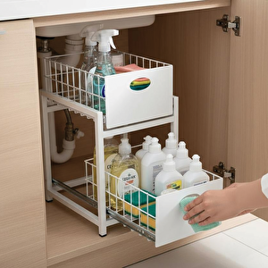 Beyaz 2 Çekmeceli Organizer Sepet – 25x42 Cm, Raylı Sistem, Çok Amaçlı Kullanım