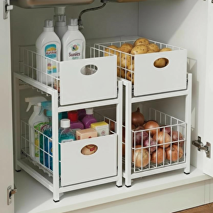 Beyaz 2 Çekmeceli Organizer Sepet – 25x42 Cm, Raylı Sistem, Çok Amaçlı Kullanım