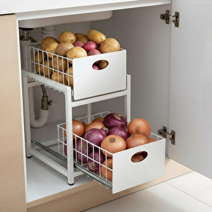 Beyaz 2 Çekmeceli Organizer Sepet – 25x42 Cm, Raylı Sistem, Çok Amaçlı Kullanım