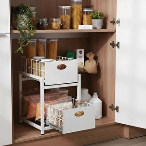 Beyaz 2 Çekmeceli Organizer Sepet – 25x42 Cm, Raylı Sistem, Çok Amaçlı Kullanım