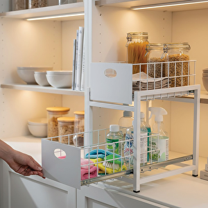 Beyaz 2 Çekmeceli Organizer Sepet – 25x42 Cm, Raylı Sistem, Çok Amaçlı Kullanım