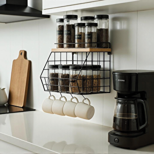 Ahşap Bambu Raflı Meyve Sepeti - Duvara Monte Edilebilir Ve Tezgah Üstünde Kullanılabilir, Siyah, 31x23 Cm