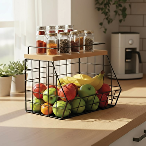 Ahşap Bambu Raflı Meyve Sepeti - Duvara Monte Edilebilir Ve Tezgah Üstünde Kullanılabilir, Siyah, 31x23 Cm