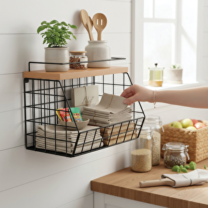 Ahşap Bambu Raflı Meyve Sepeti - Duvara Monte Edilebilir Ve Tezgah Üstünde Kullanılabilir, Siyah, 31x23 Cm