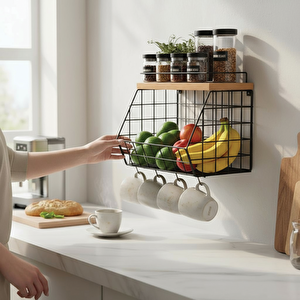 Ahşap Bambu Raflı Meyve Sepeti - Duvara Monte Edilebilir Ve Tezgah Üstünde Kullanılabilir, Siyah, 31x23 Cm