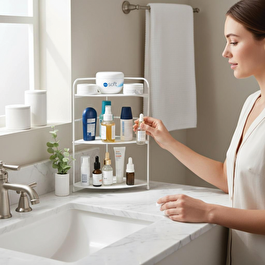 Banyo Mutfak Düzenleyici Organizer Köşe Rafı Beyaz - Ayarlanabilir 3 Raflı Baharatlık