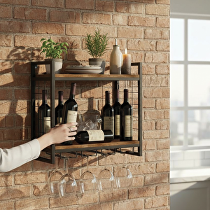 2 Raflı Kadeh Askılı Duvara Monte Şarap Standı Barok Siyah